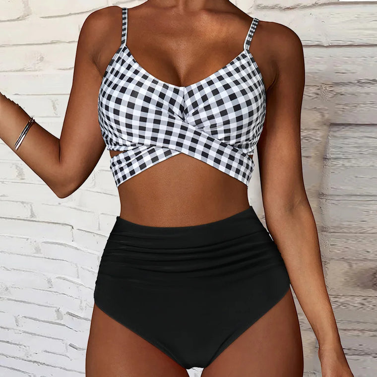 High Waist Plaid Sexy Bikini Set - Polyester Spandex Preppy Bold Design