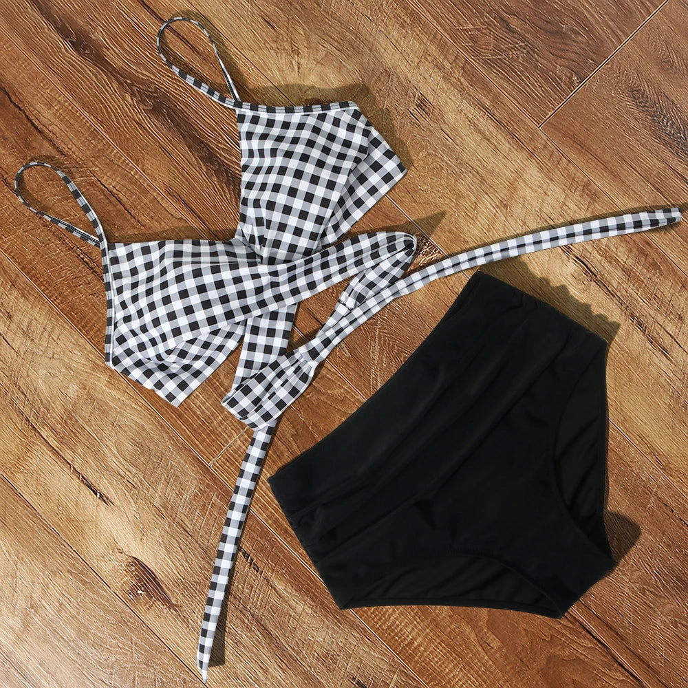 High Waist Plaid Sexy Bikini Set - Polyester Spandex Preppy Bold Design