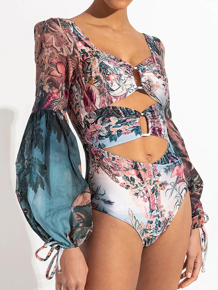 Retro Floral Long Sleeve One-Piece Swimsuit - Lightweight Polyester Vintage Design