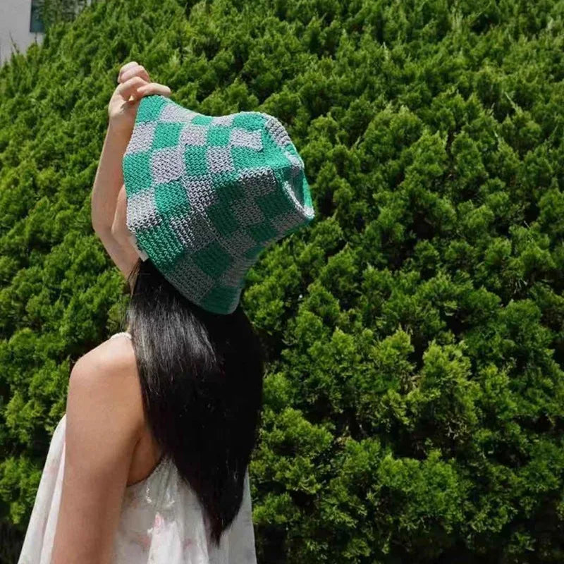 Lattice Handmade Crochet Bucket Hat - Intricate Plaid Polyester Artisan Design