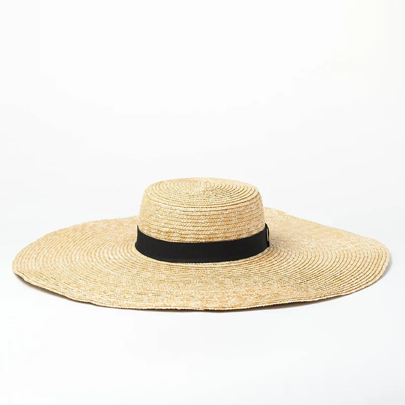 Big Brim Straw Hat - Classic Solid Pattern Adjustable 18cm Brim Style