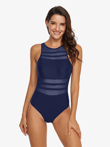 Black One-Piece Mesh Swimwear - Breathable Nylon Spandex Padded