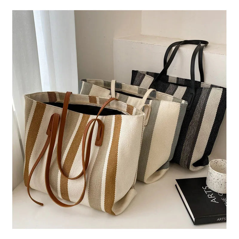 Beach Stripes Handbag - Premium Natural Straw Polyester Lined Classic Design