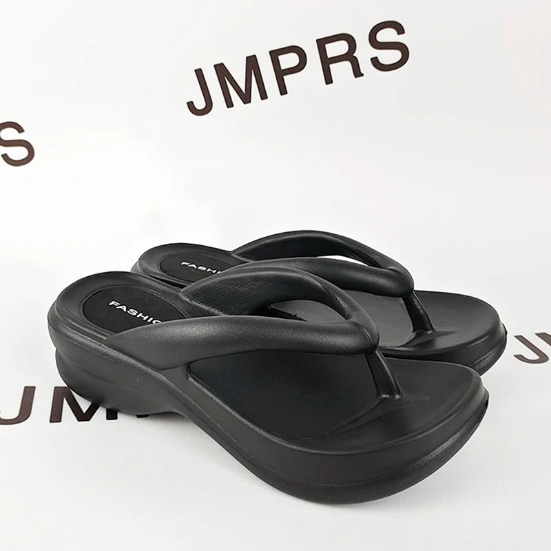 Thick Sole Wedge Flip Flops - 5.5cm PU Platform Elevated Beach Design