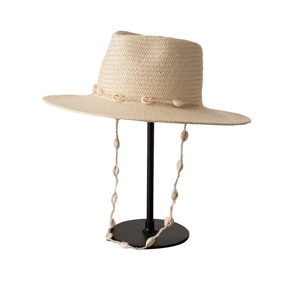 Beach Hat with Seashells Beaded Chain - Lightweight Natural Straw Coastal Design