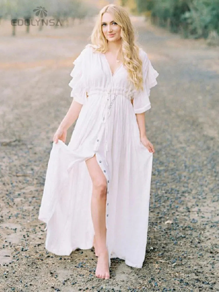 White Tunic Beach Dress - Durable Polyester Roomy Elegant Fit