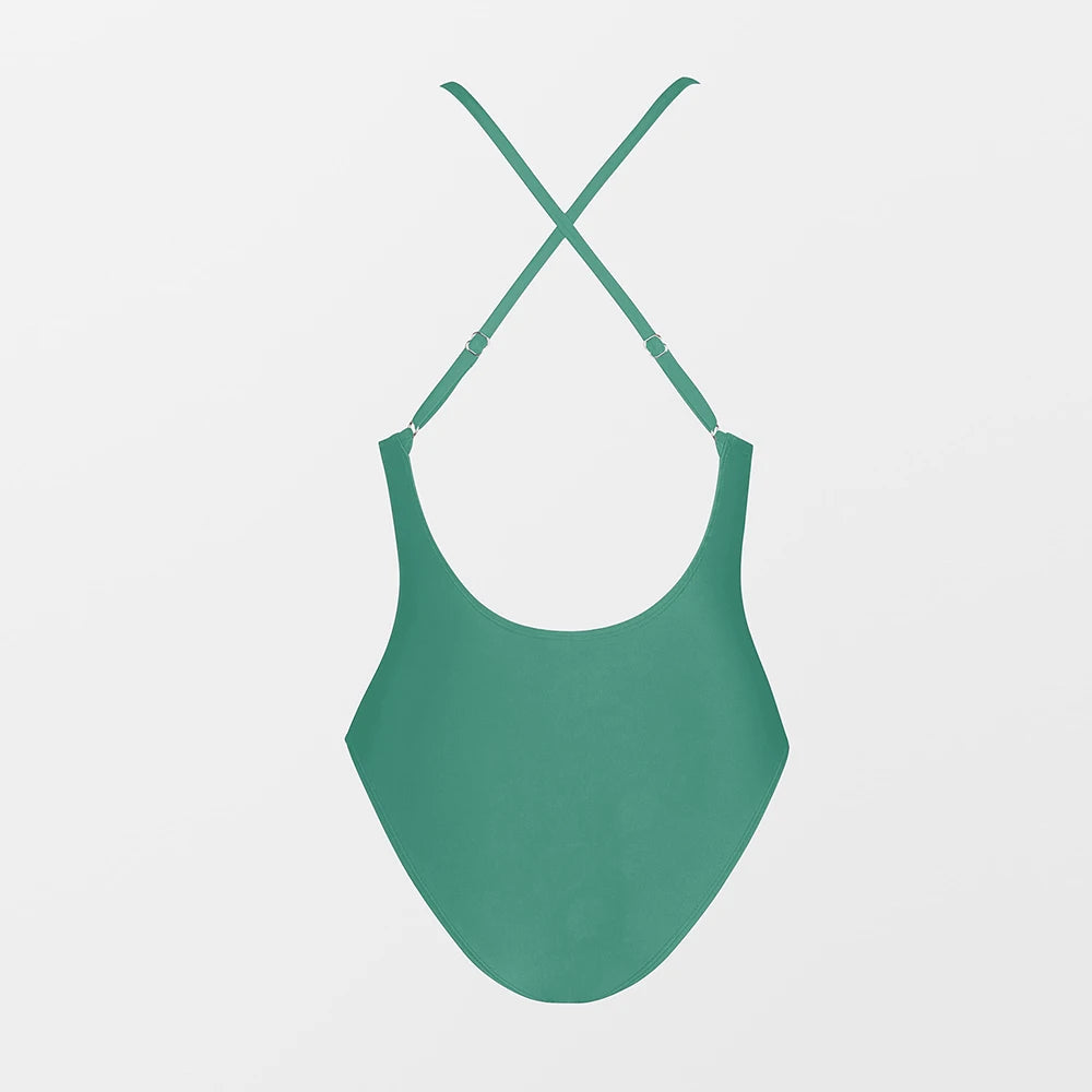 V-Wire Plunge Neck One-Piece Swimsuit - Luxurious Solid Fabric Blend