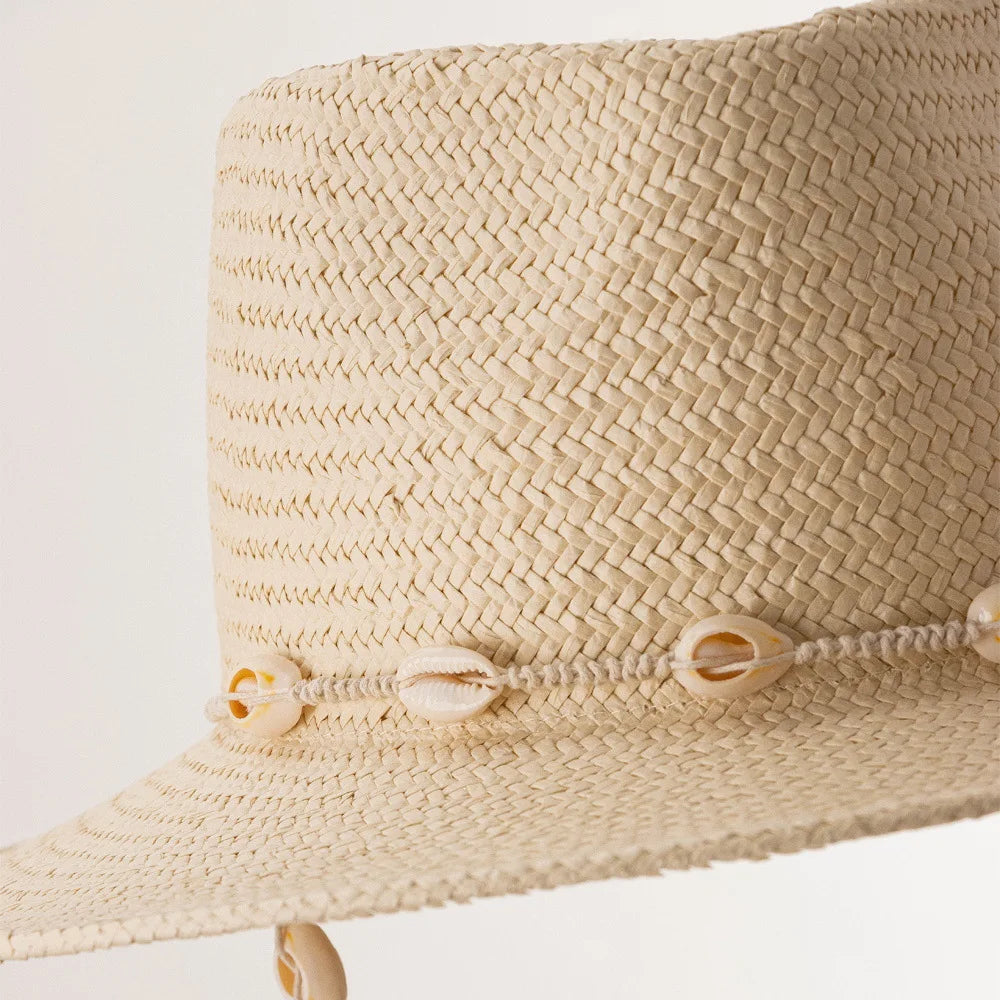 Beach Hat with Seashells Beaded Chain - Lightweight Natural Straw Coastal Design