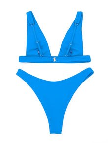 Solid V-Neck Bikini Set - Wire-Free Bow-Knot Ruffle Playful Design