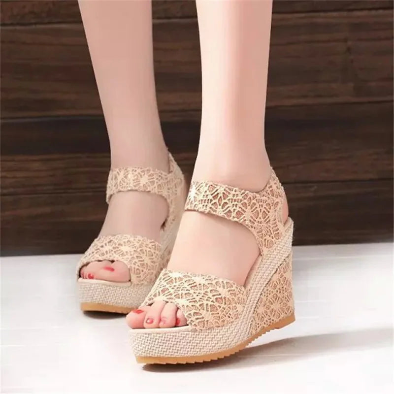 Floral High Heel Wedge Sandals - 8cm Lace Platform Romantic Design