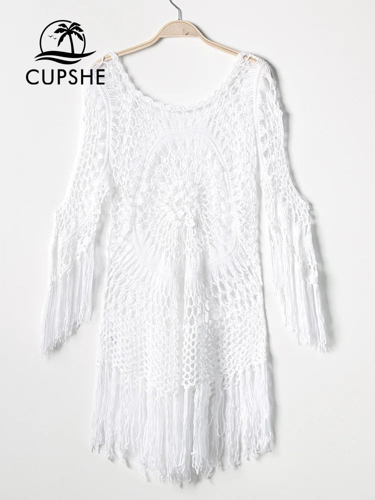 White Crochet Bikini Cover Up with Fringe Trim - Cotton Polyester Best Seller