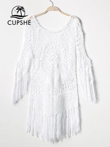 White Crochet Bikini Cover Up with Fringe Trim - Cotton Polyester Best Seller