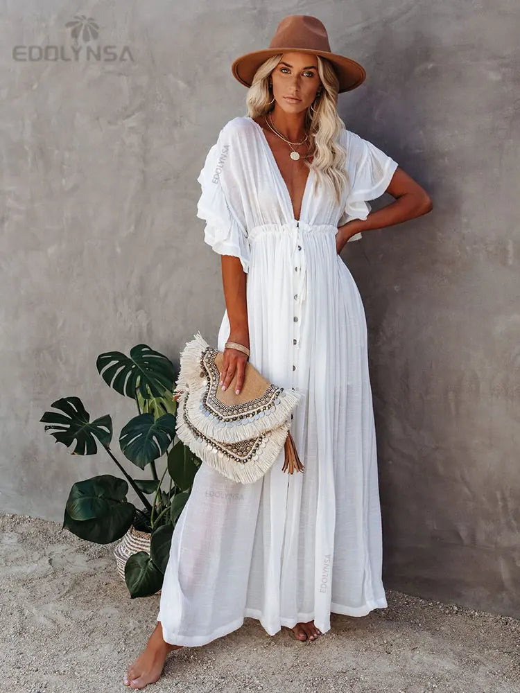 White Tunic Beach Dress - Durable Polyester Roomy Elegant Fit