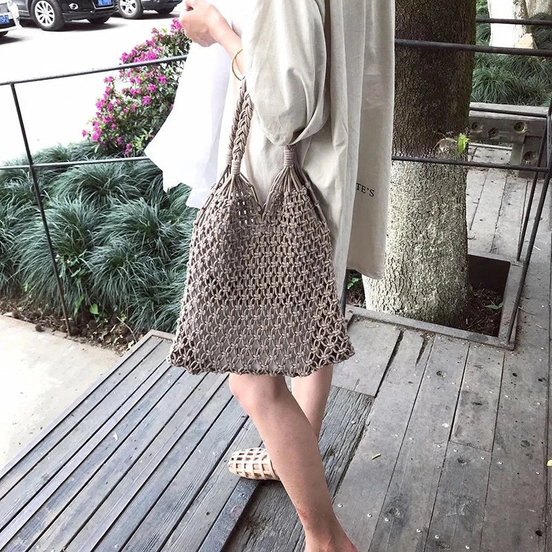 Knitted Rattan Large Capacity Handbag - Durable Natural Straw 35x38cm