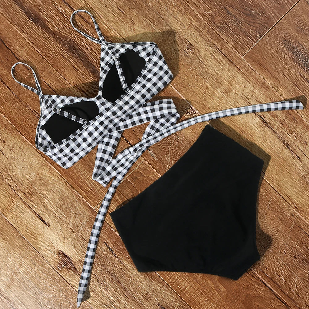 High Waist Plaid Sexy Bikini Set - Polyester Spandex Preppy Bold Design