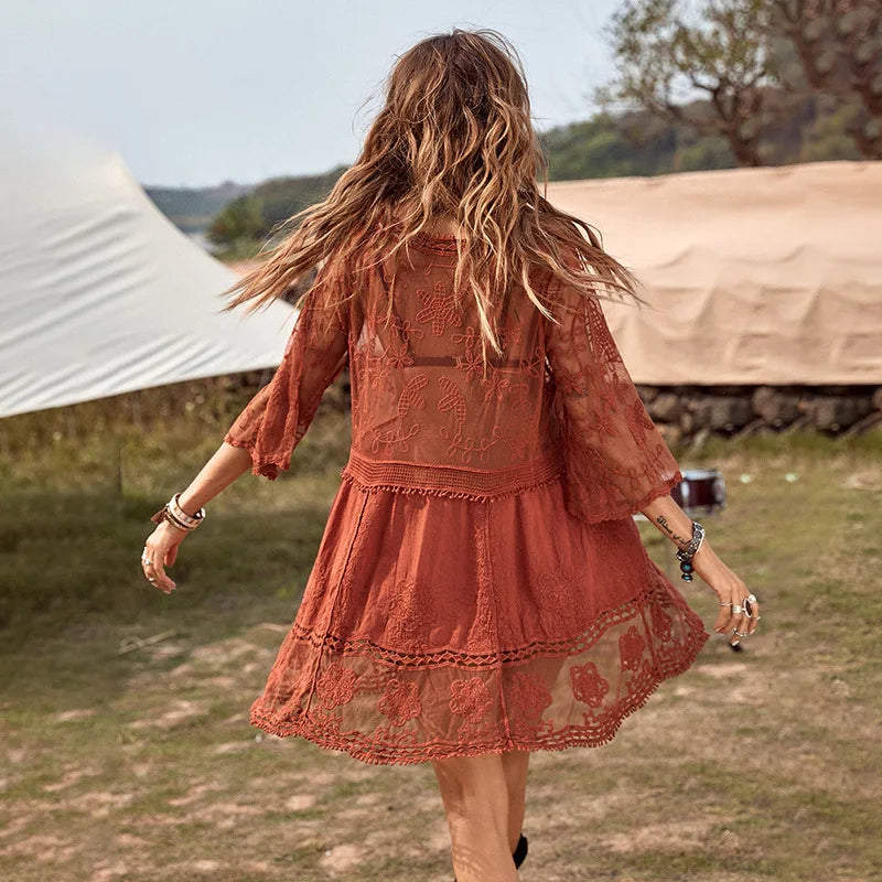 Deep V-Neck Boho Beach Dress - Silky Polyester Rayon Blend Resort Wear