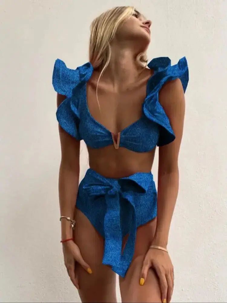 Push-Up Padded Bra Ruffles Bandage Bikini Set - Wire-Free Feminine Design