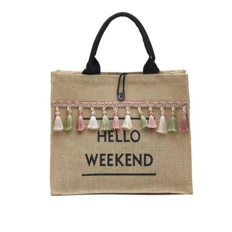 Large Capacity Tassel Straw Handbag - Durable Linen Polyester Lined Design