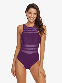 Black One-Piece Mesh Swimwear - Breathable Nylon Spandex Padded
