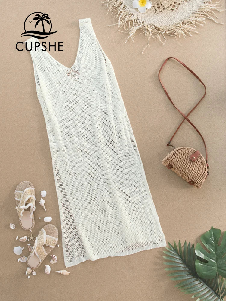 Ivory V-Neck Hollow Out Cover Up - Lightweight Acrylic Geometric Design