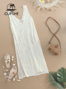 Ivory V-Neck Hollow Out Cover Up - Lightweight Acrylic Geometric Design