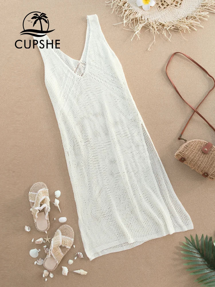 Ivory V-Neck Hollow Out Cover Up - Lightweight Acrylic Geometric Design
