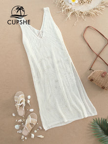 Ivory V-Neck Hollow Out Cover Up - Lightweight Acrylic Geometric Design