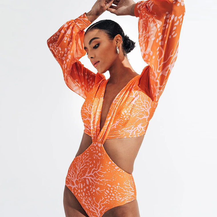 Retro Floral Long Sleeve One-Piece Swimsuit - Lightweight Polyester Vintage Design