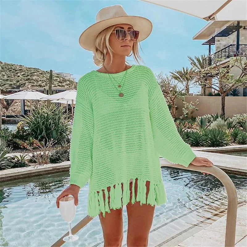 White Mesh Dress Bikini Cover Up with Tassel - Breathable Polyester Flirty