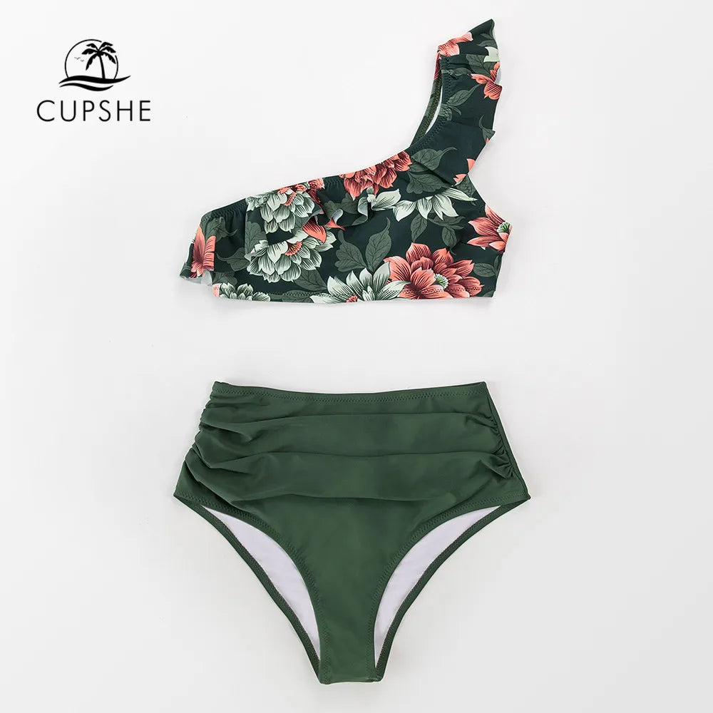 White and Lemon One Shoulder Bikini Set - Floral Polyester Fresh Design
