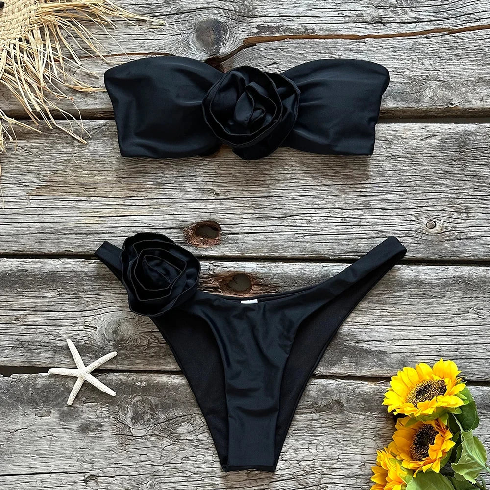 Sexy High-Waist Solid Bandage Bikini Set - Polyester Spandex Trendy