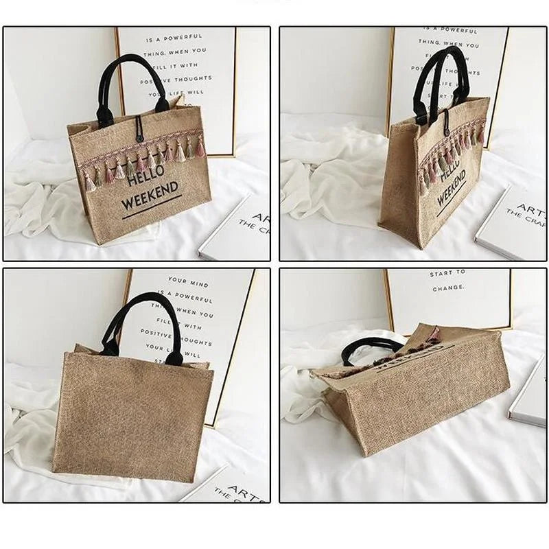 Large Capacity Tassel Straw Handbag - Durable Linen Polyester Lined Design