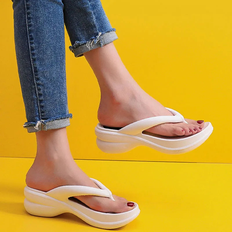 Thick Sole Wedge Flip Flops - 5.5cm PU Platform Elevated Beach Design