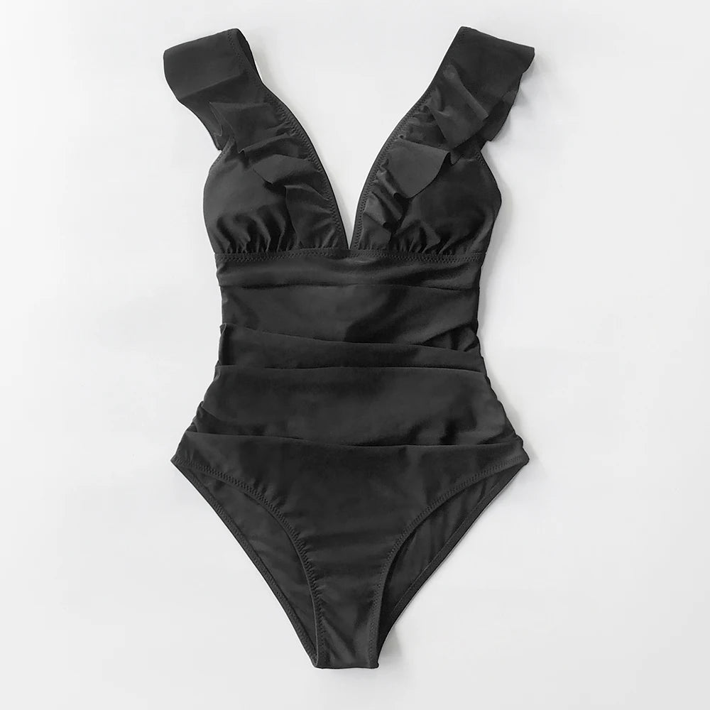 Solid Black Ruffled One-Piece Swimsuit - Spandex Playful Flattering Fit