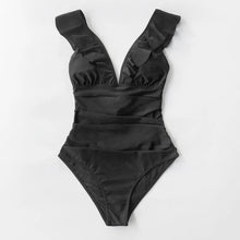 Solid Black Ruffled One-Piece Swimsuit - Spandex Playful Flattering Fit