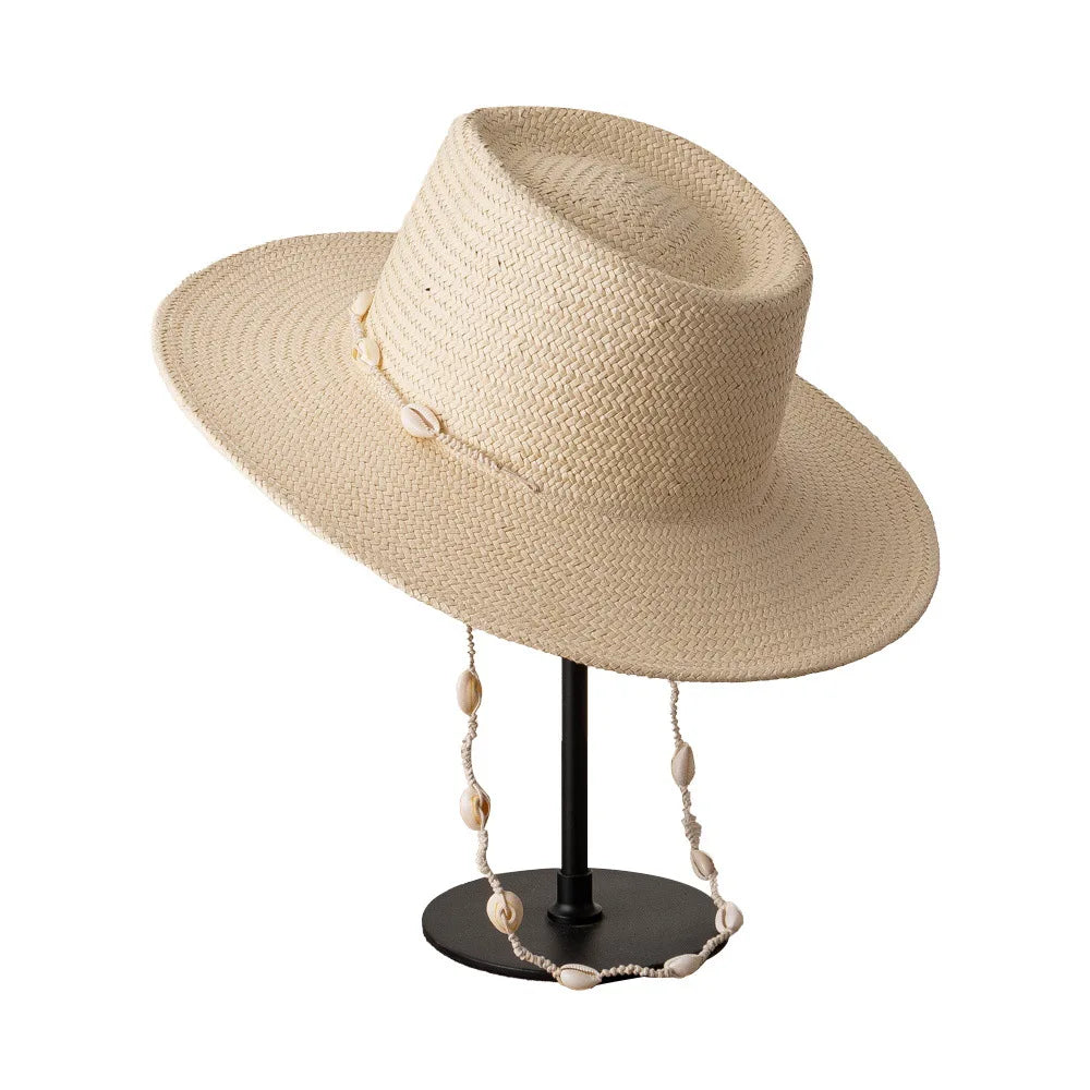 Beach Hat with Seashells Beaded Chain - Lightweight Natural Straw Coastal Design