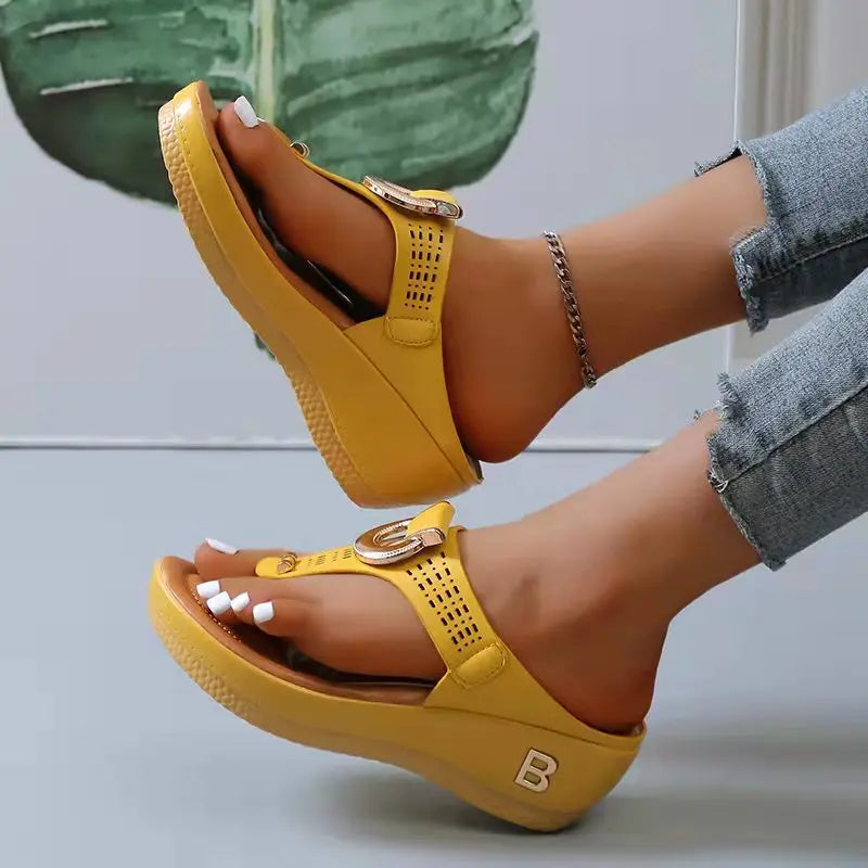 Comfy Boho Wedge Slippers - PU Platform 3–5cm Heel Artisan Design