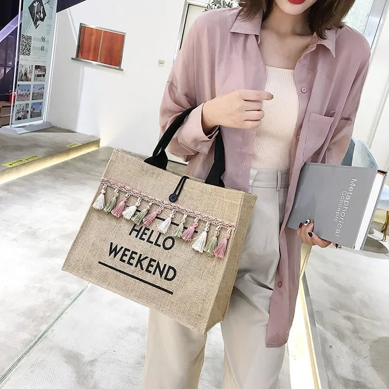 Large Capacity Tassel Straw Handbag - Durable Linen Polyester Lined Design
