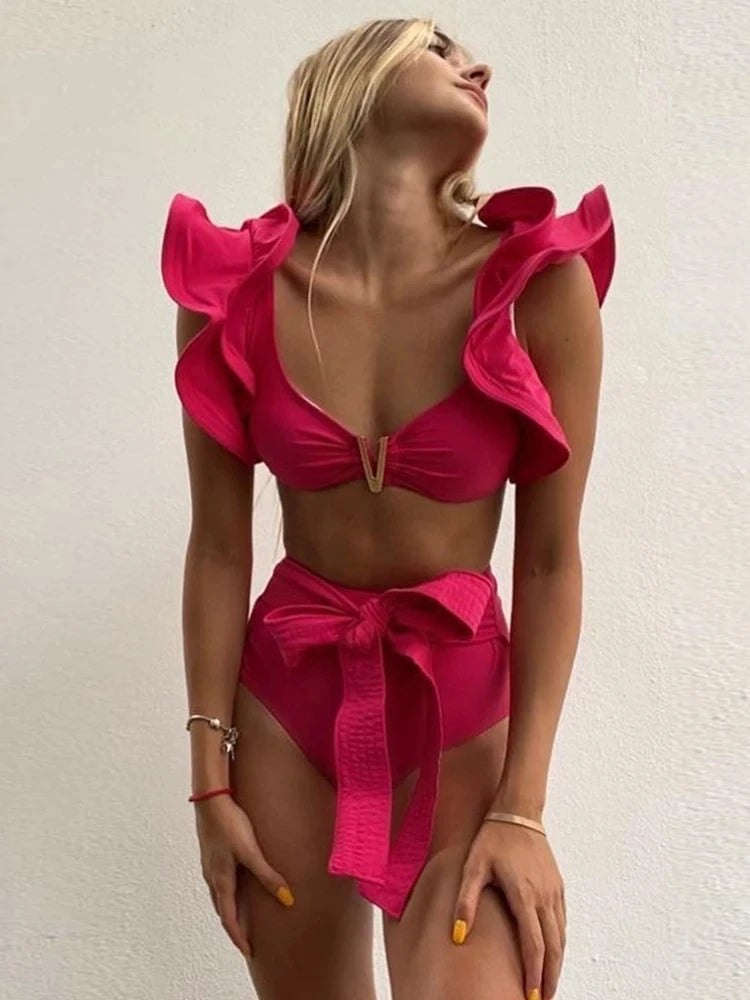 Push-Up Padded Bra Ruffles Bandage Bikini Set - Wire-Free Feminine Design