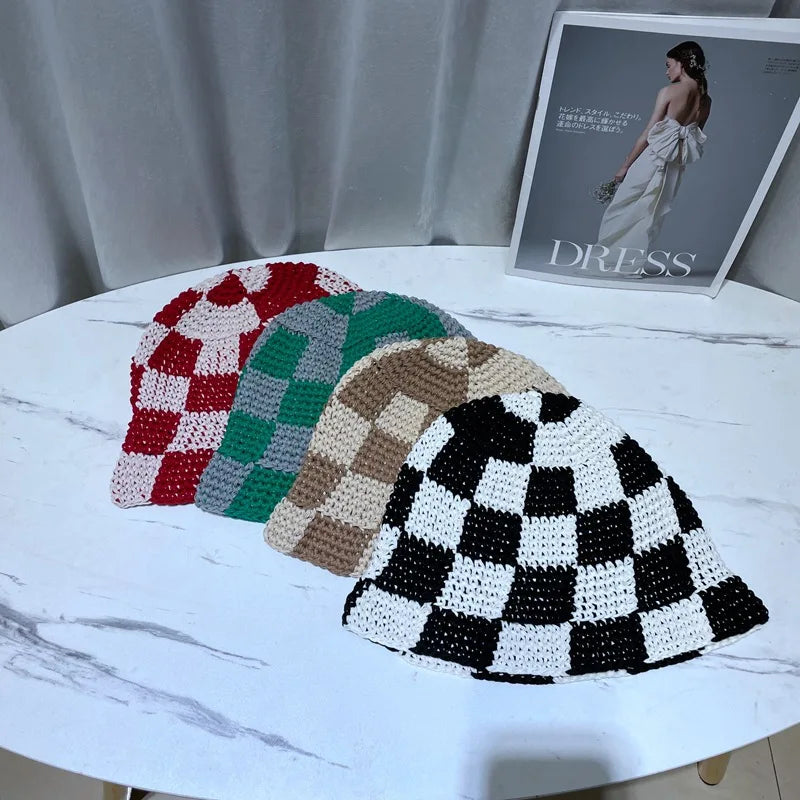Lattice Handmade Crochet Bucket Hat - Intricate Plaid Polyester Artisan Design