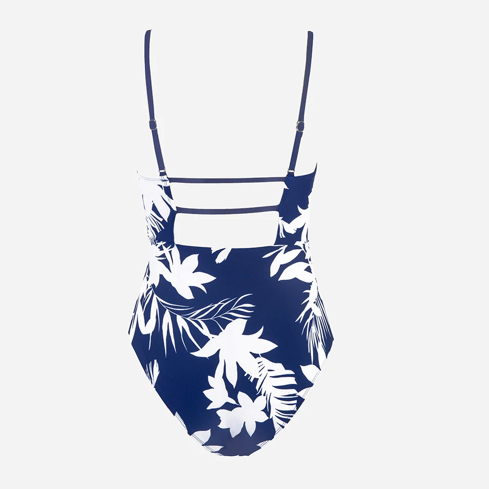 Ruched Tropical Strappy One-Piece Swimsuit - Polyester Floral Design