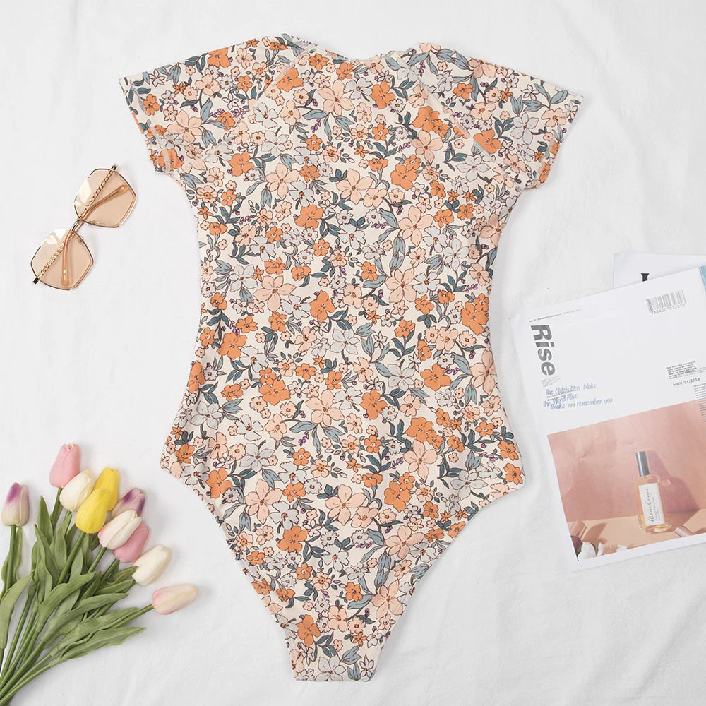 Ditsy Zipper Short Sleeve One-Piece Swimsuit - Spandex Polyester Lined