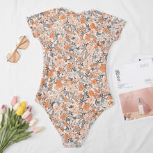 Ditsy Zipper Short Sleeve One-Piece Swimsuit - Spandex Polyester Lined