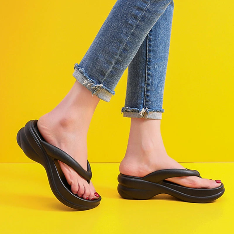 Thick Sole Wedge Flip Flops - 5.5cm PU Platform Elevated Beach Design