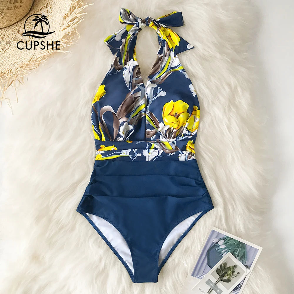 Floral Deep V-Neck Halter One-Piece Swimsuit - Premium High-Quality Spandex