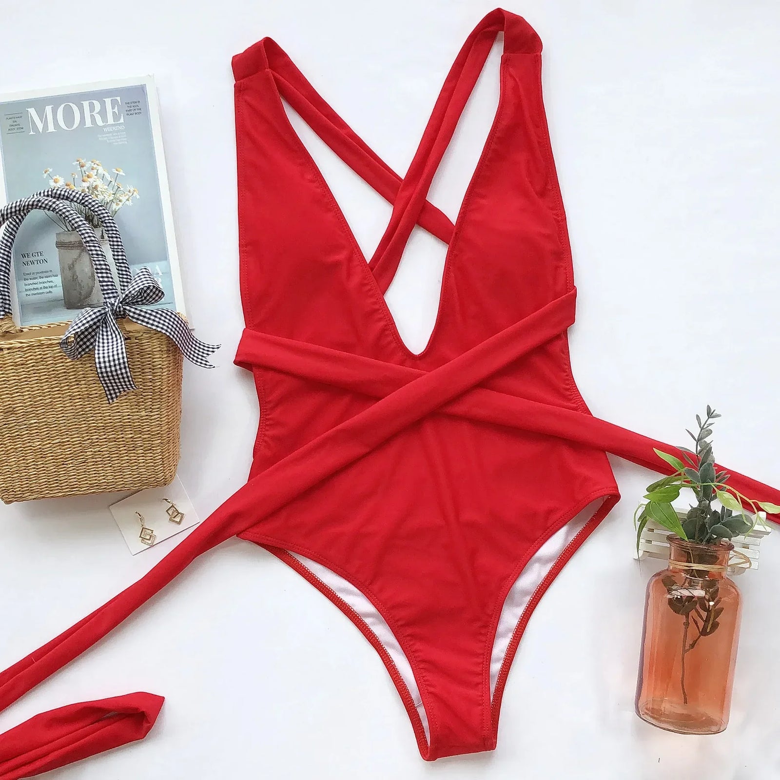 Push Up Lace Up Bandage One-Piece Swimsuit - Lightweight Polyester Design