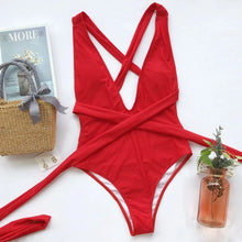 Push Up Lace Up Bandage One-Piece Swimsuit - Lightweight Polyester Design