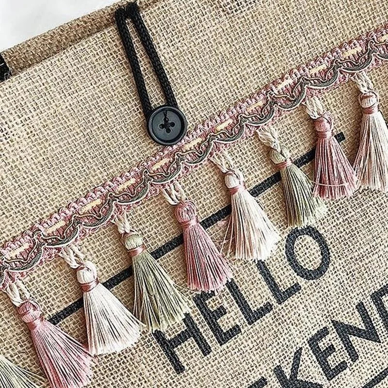 Large Capacity Tassel Straw Handbag - Durable Linen Polyester Lined Design