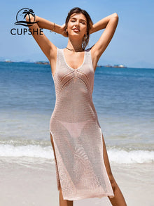 Ivory V-Neck Hollow Out Cover Up - Lightweight Acrylic Geometric Design