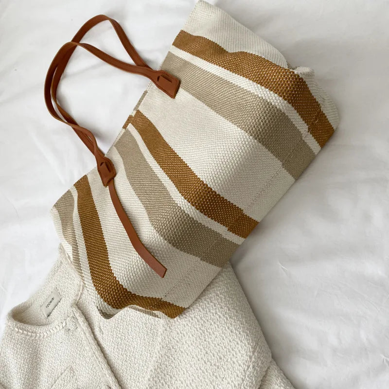 Beach Stripes Handbag - Premium Natural Straw Polyester Lined Classic Design